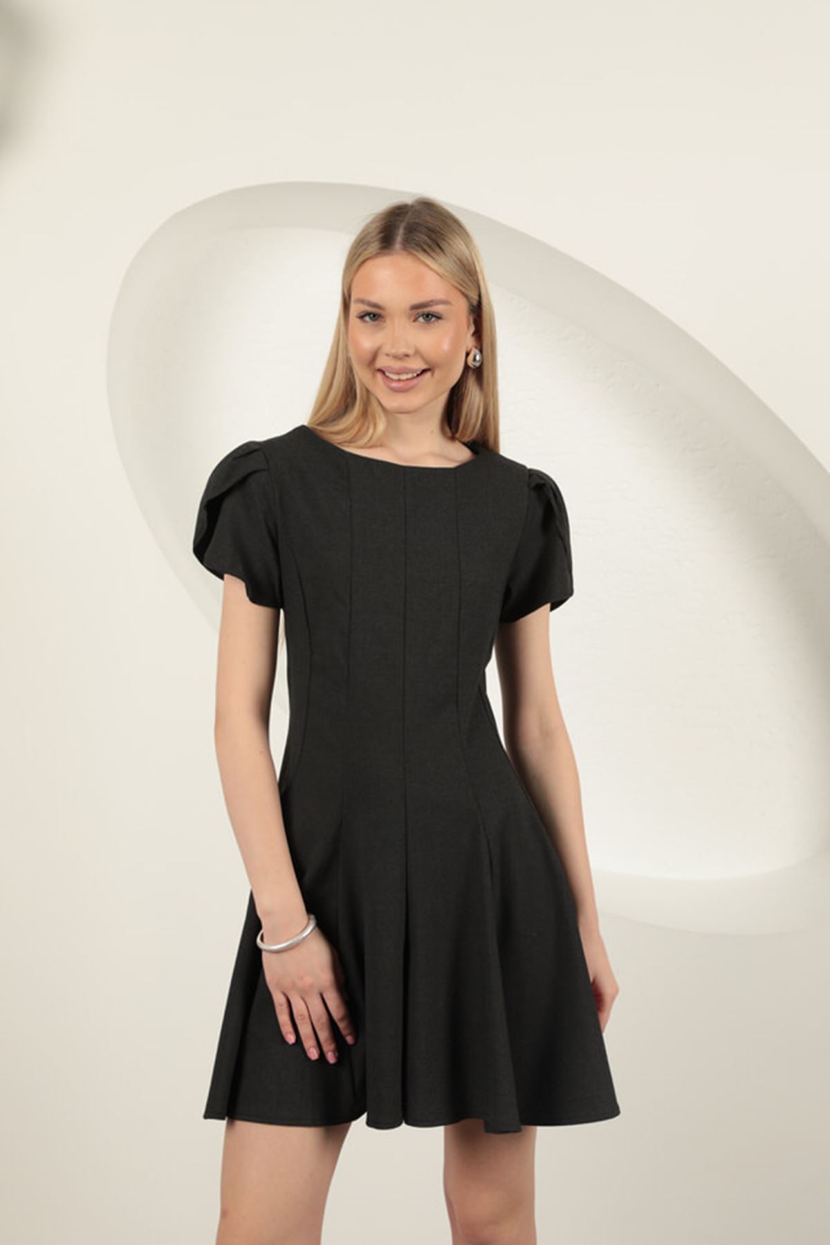 Poliviskon Kumaş Mini Elbise-Antrasit