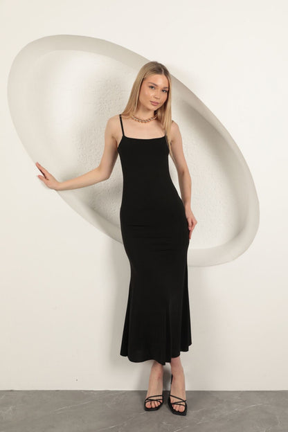 Sandy Kumaş İp Askılı Basic Elbise-Siyah