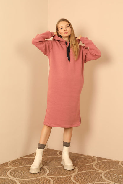 Şardonlu 3 İplik Kumaş Kapüşonlu Kadın Elbise-Gül Kurusu