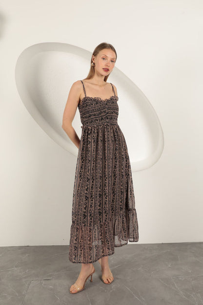 Şifon Kumaş Askılı Elbise-Kahve