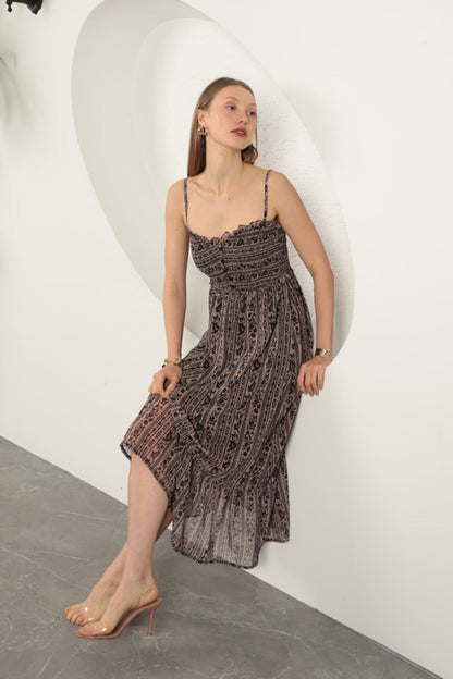 Şifon Kumaş Askılı Elbise-Kahve