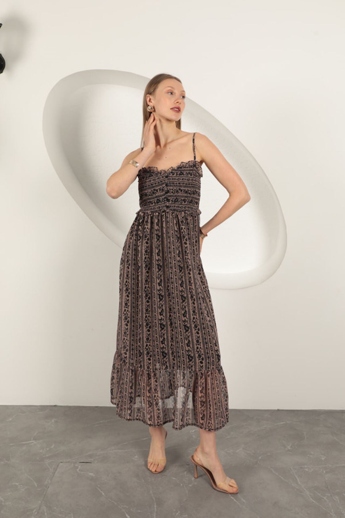 Şifon Kumaş Askılı Elbise-Kahve