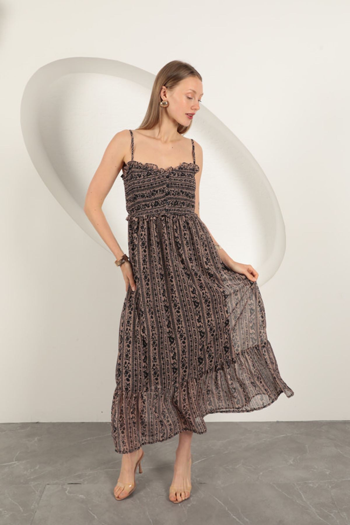 Şifon Kumaş Askılı Elbise-Kahve