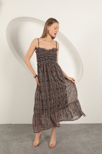 Şifon Kumaş Askılı Elbise-Kahve