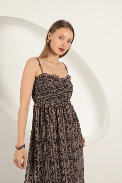 Şifon Kumaş Askılı Elbise-Kahve