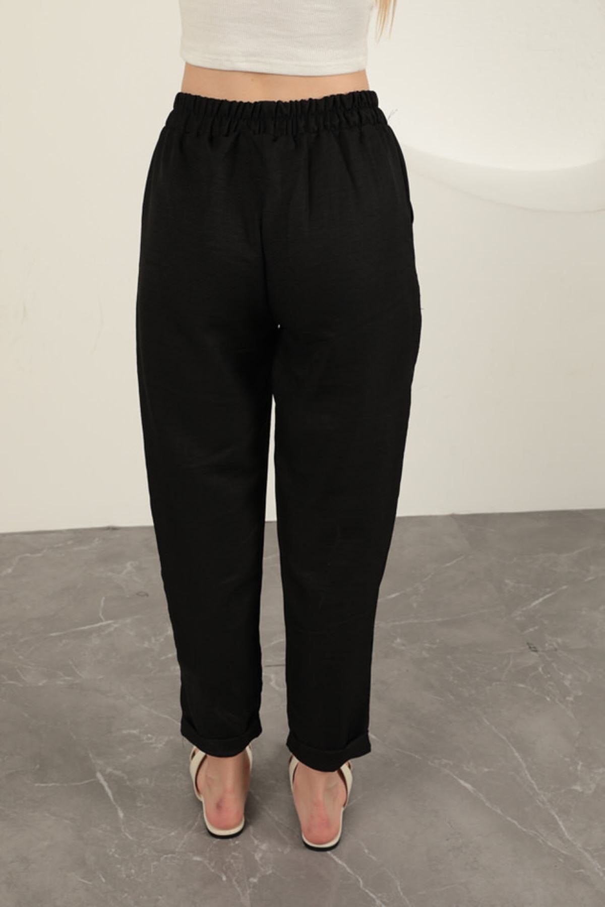 Sofia Keten Duble Paça Kadın Pantolon-Siyah