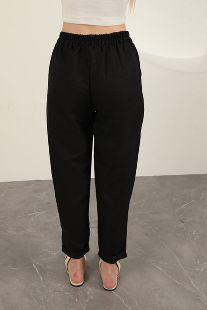 Sofia Keten Duble Paça Kadın Pantolon-Siyah