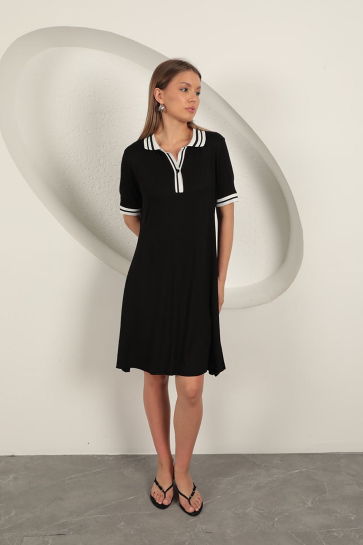 Süprem Kumaş Polo Yaka Elbise-Siyah