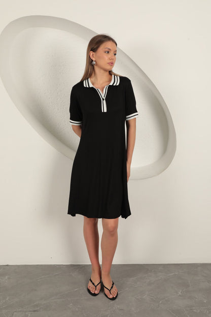 Süprem Kumaş Polo Yaka Elbise-Siyah