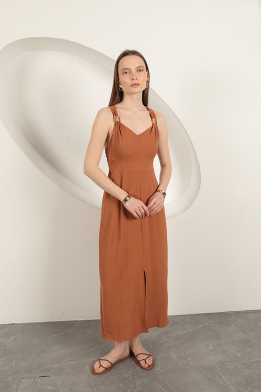 Toka Detaylı Askılı Elbise-Kahve