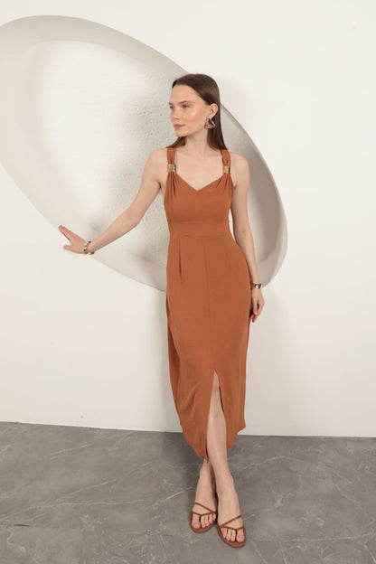 Toka Detaylı Askılı Elbise-Kahve