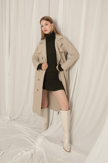 Torino Kumaş Sıvı Geçirmez Maxi Boy Kadın Taş Trençkot