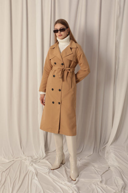 Torino Kumaş Sıvı Geçirmez Maxi Boy Kadın Camel Trençkot