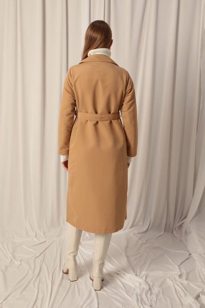 Torino Kumaş Sıvı Geçirmez Maxi Boy Kadın Camel Trençkot