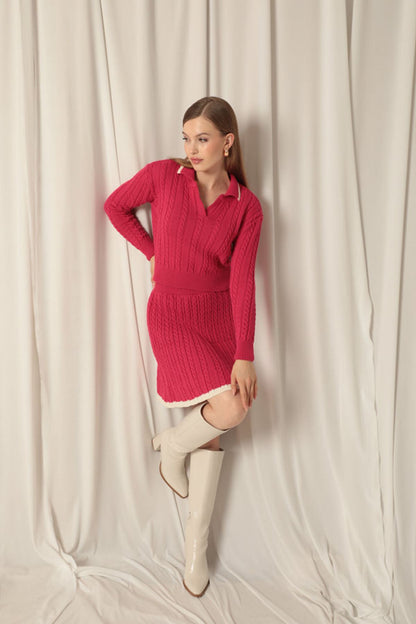 Triko Kumaş Yakalı Saç Örgülü Desen Fuşya Etek Takım