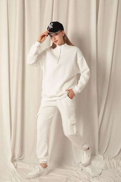 Üç İplik Dik Yaka Yarım Fermuarlı Kadın Ekru Sweat