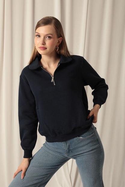 Üç İplik Bebe Yaka Kadın Lacivert Sweat
