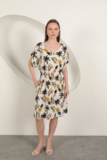 Viskon Ananas Desenli Elbise-Ekru
