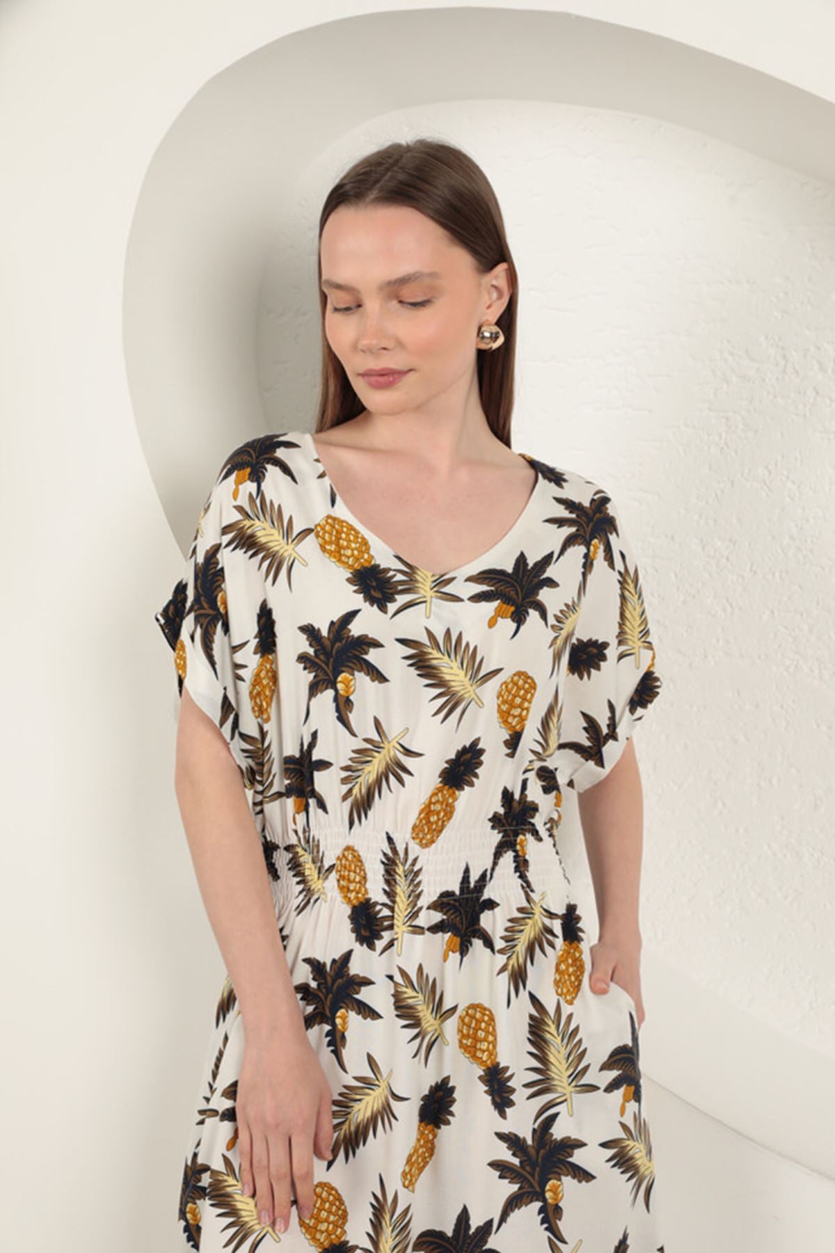 Viskon Ananas Desenli Elbise-Ekru