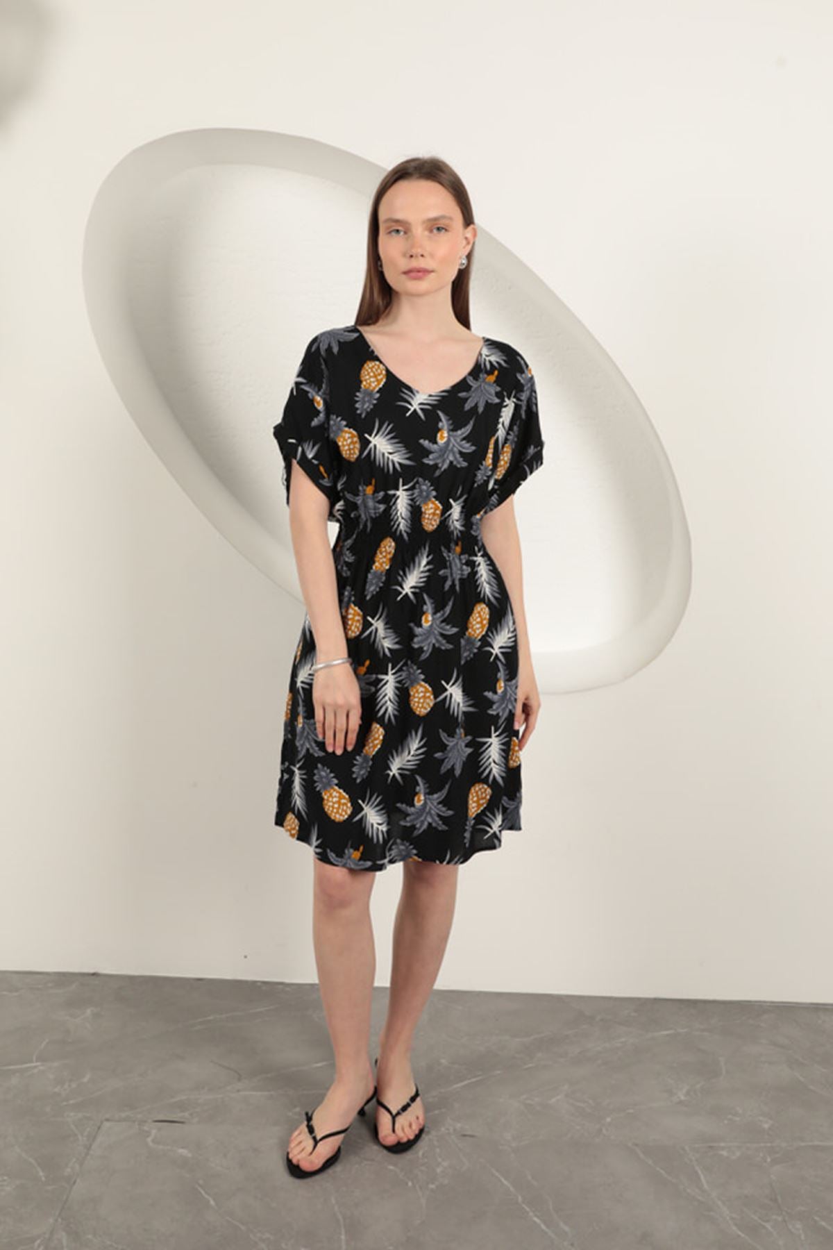 Viskon Ananas Desenli Elbise-Siyah