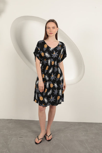 Viskon Ananas Desenli Elbise-Siyah