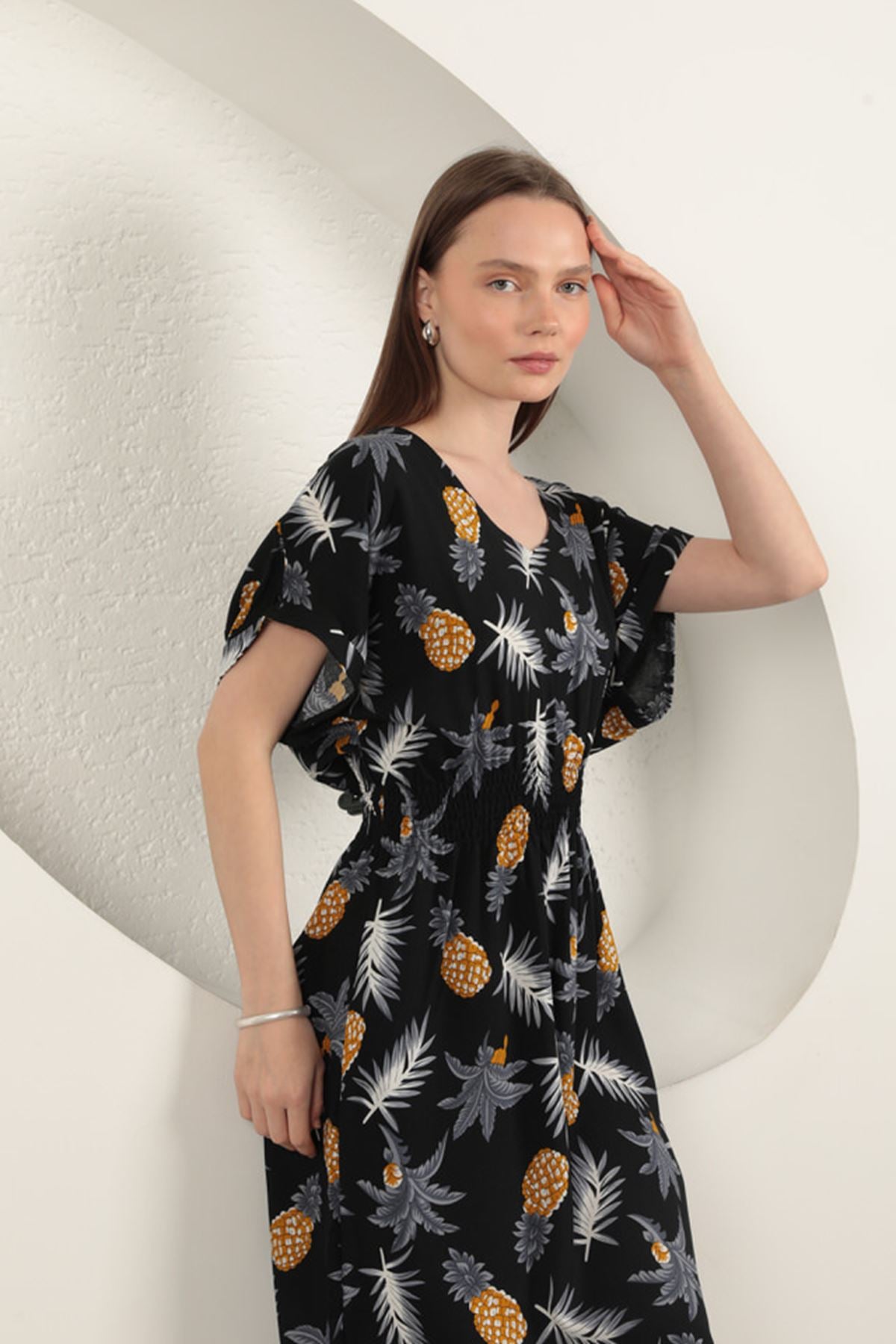 Viskon Ananas Desenli Elbise-Siyah