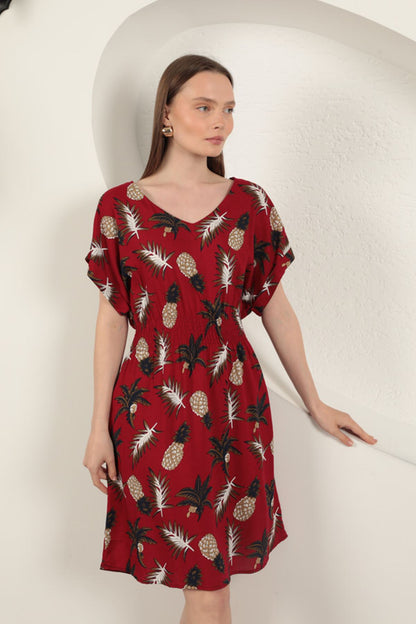 Viskon Ananas Desenli Elbise-Kırmızı