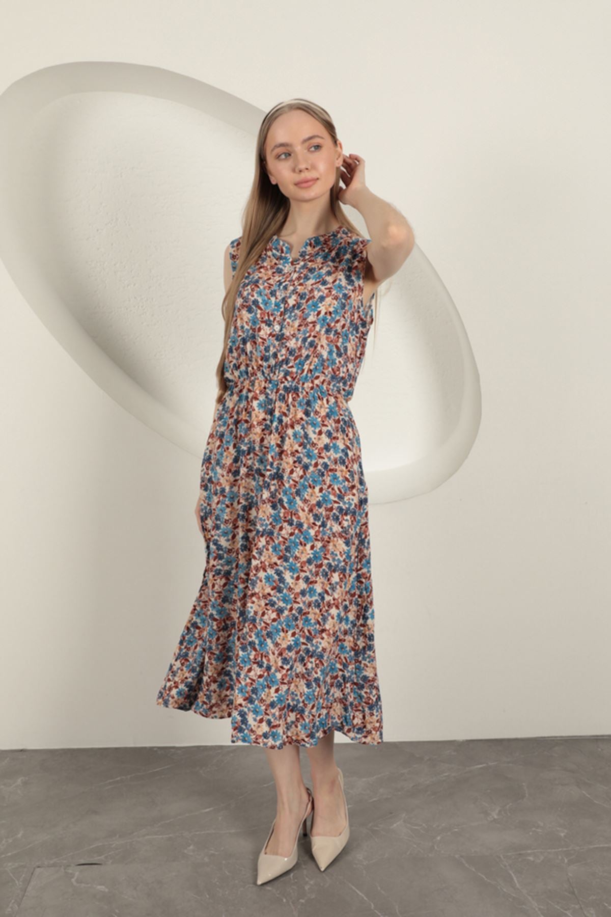 Viskon Çıtır Çiçek Desenli Elbise-Mavi