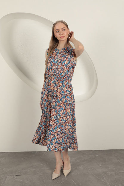 Viskon Çıtır Çiçek Desenli Elbise-Mavi