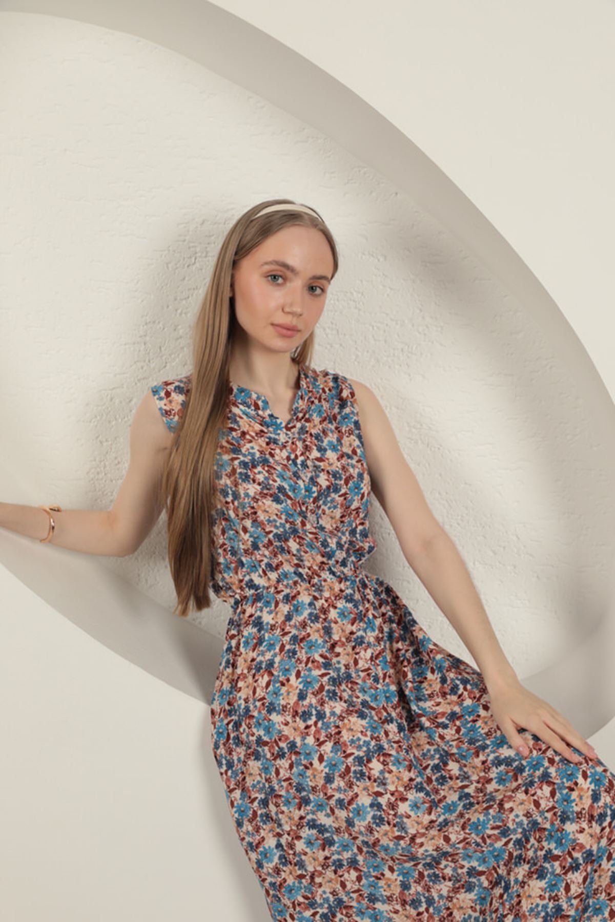 Viskon Çıtır Çiçek Desenli Elbise-Mavi