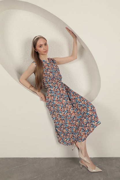 Viskon Çıtır Çiçek Desenli Elbise-Mavi