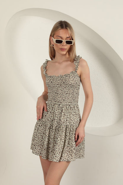 Viskon Çıtır Çiçek Desen Elbise-Bej