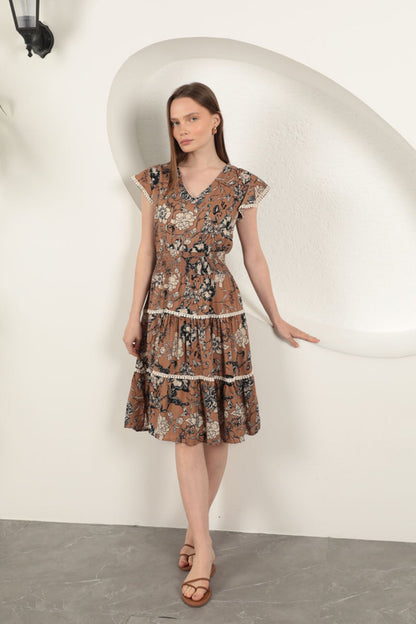 Viskon Çiçek Desenli Elbise-Kahve