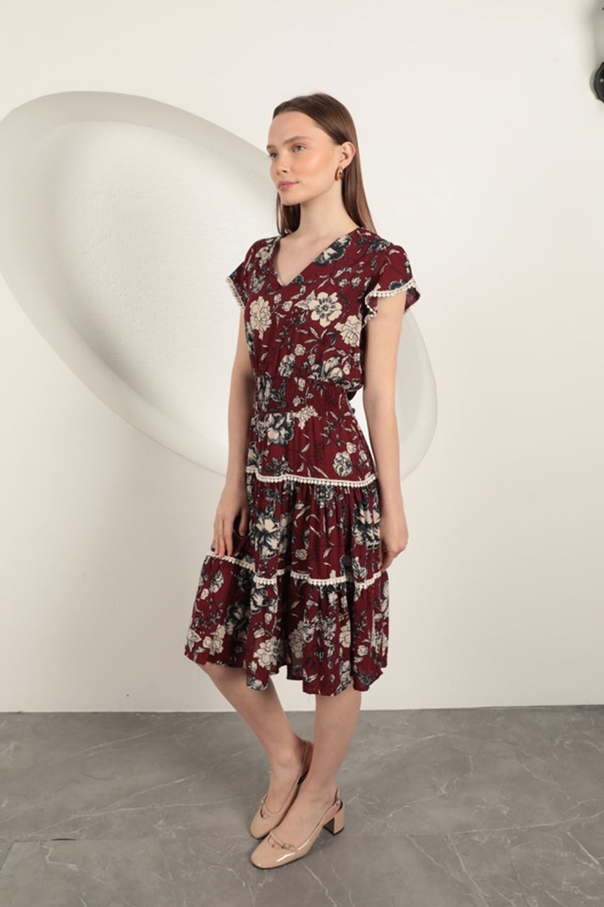 Viskon Çiçek Desenli Elbise-Bordo