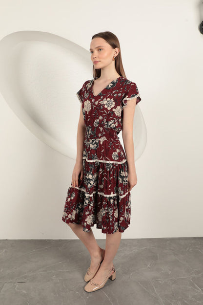 Viskon Çiçek Desenli Elbise-Bordo