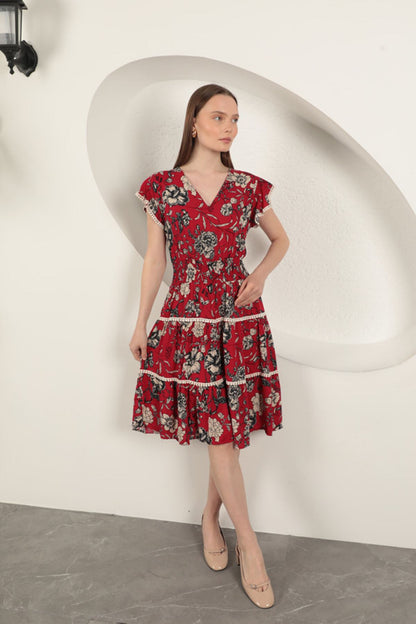 Viskon Çiçek Desenli Elbise-Kırmızı