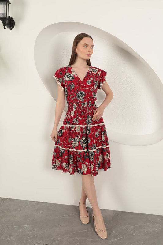 Viskon Çiçek Desenli Elbise-Kırmızı