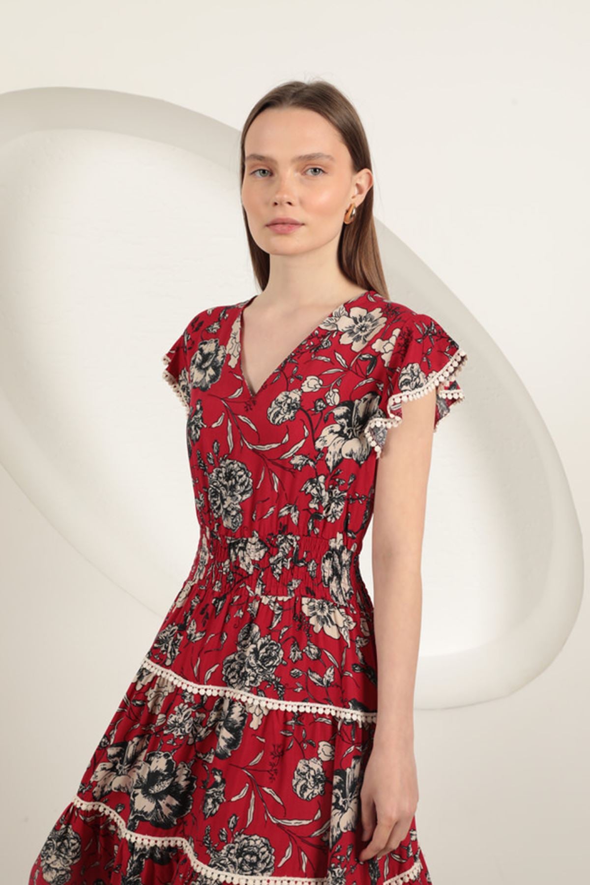 Viskon Çiçek Desenli Elbise-Kırmızı