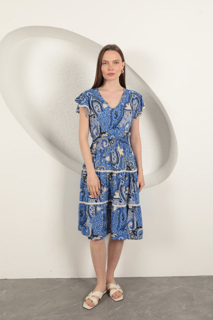 Viskon Etnik Desenli Elbise-Saks