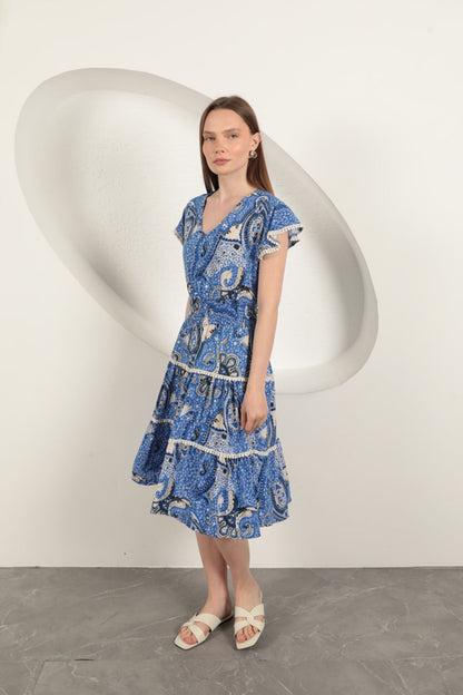 Viskon Etnik Desenli Elbise-Saks