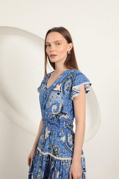 Viskon Etnik Desenli Elbise-Saks