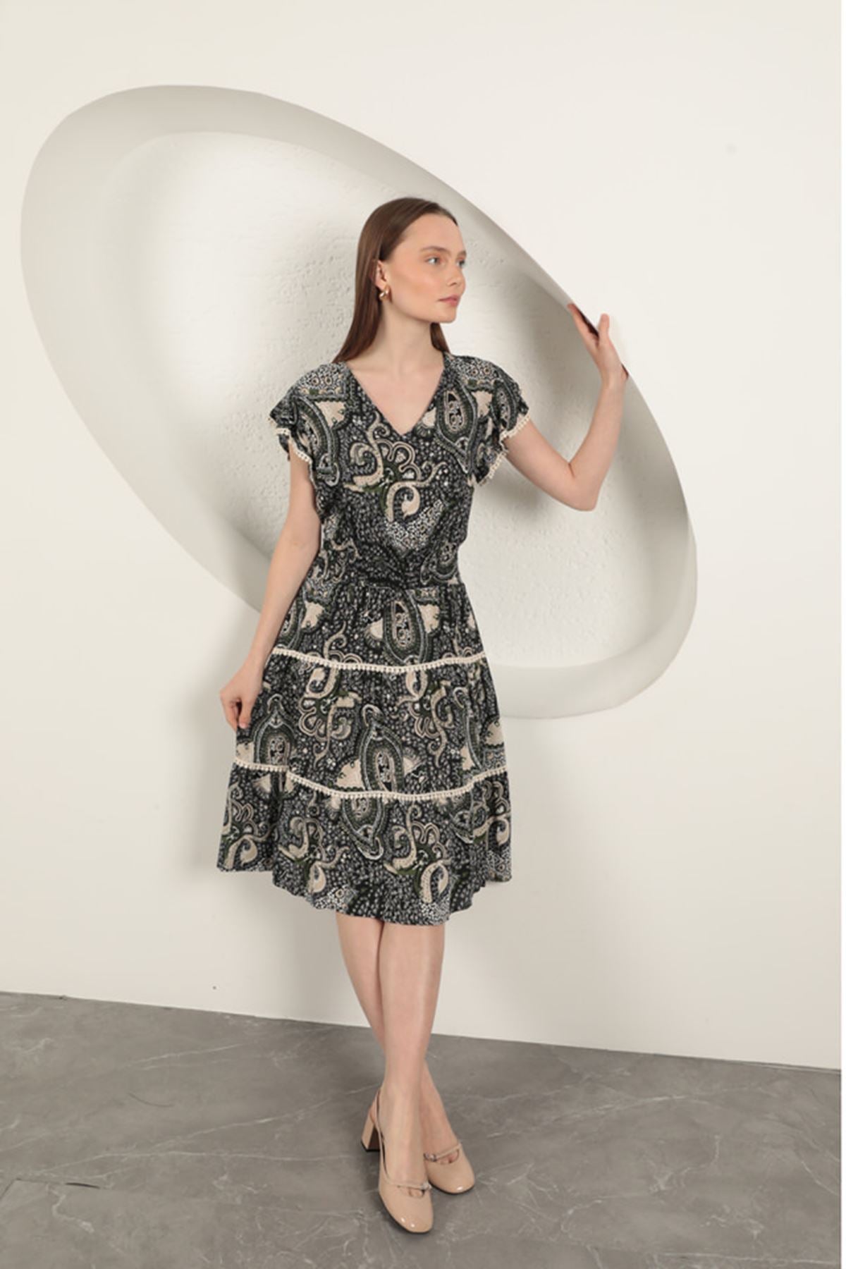 Viskon Etnik Desenli Elbise-Siyah