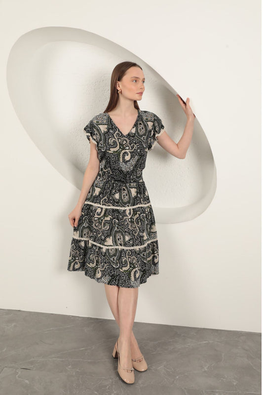 Viskon Etnik Desenli Elbise-Siyah