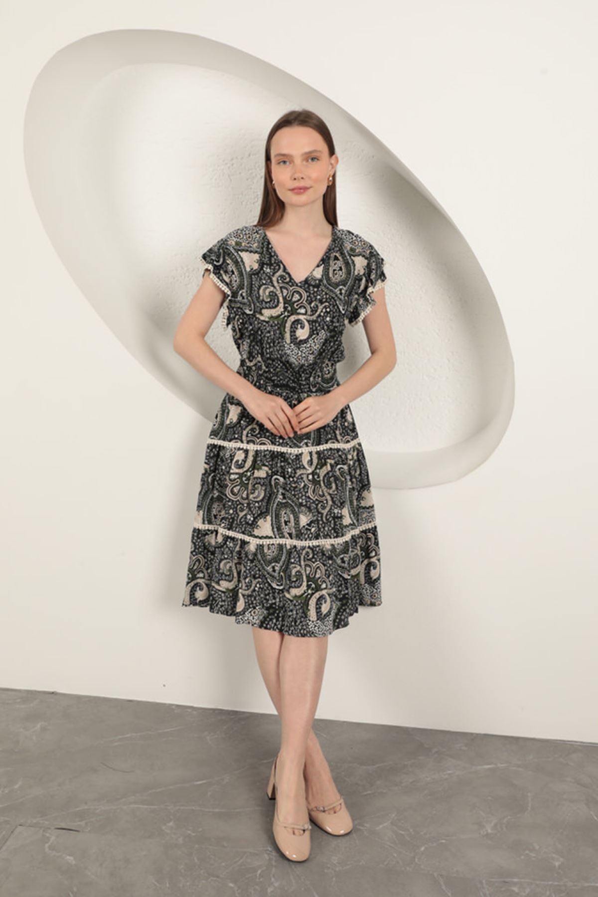 Viskon Etnik Desenli Elbise-Siyah