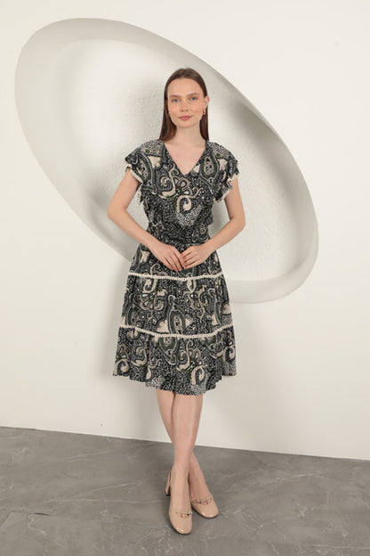 Viskon Etnik Desenli Elbise-Siyah