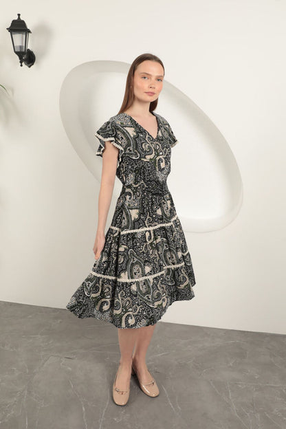 Viskon Etnik Desenli Elbise-Siyah