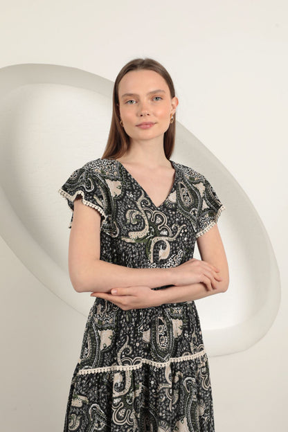 Viskon Etnik Desenli Elbise-Siyah