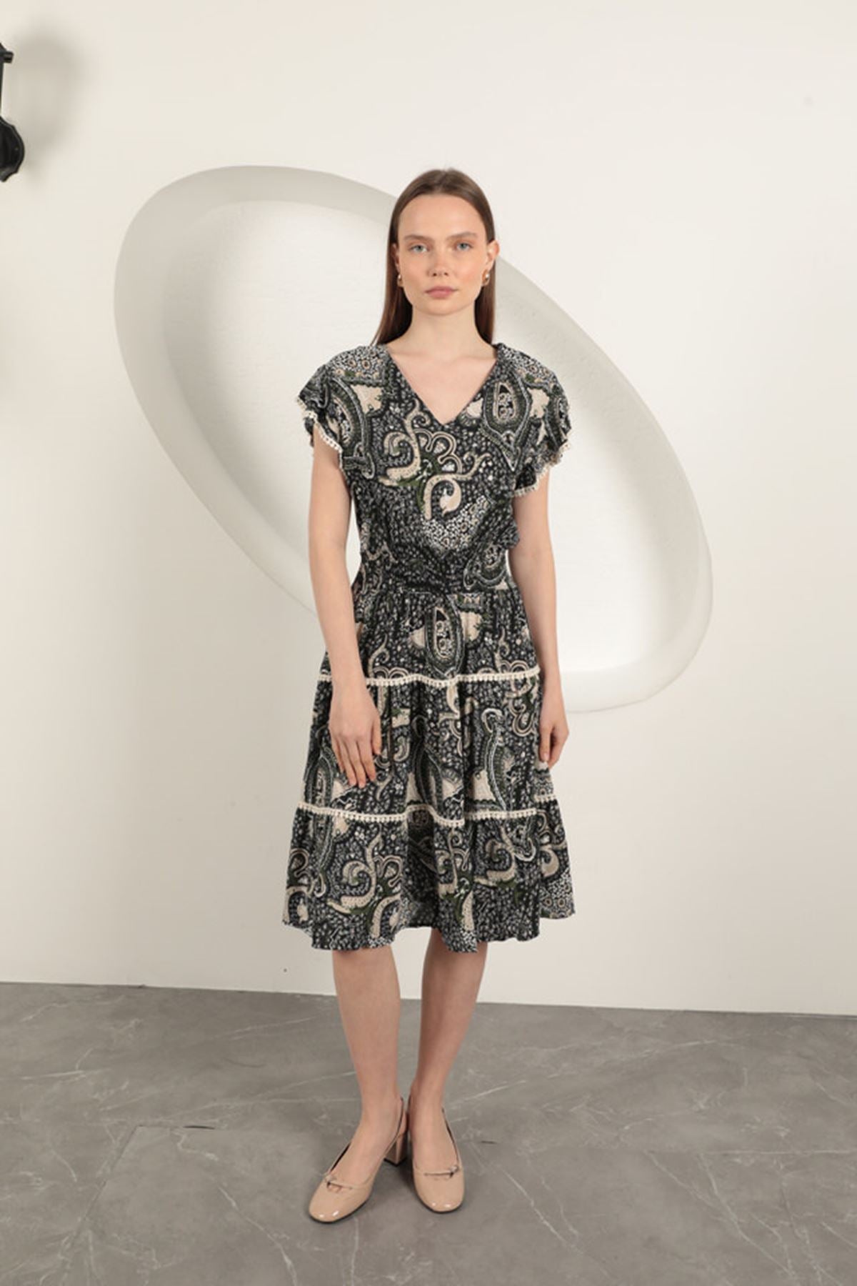 Viskon Etnik Desenli Elbise-Siyah