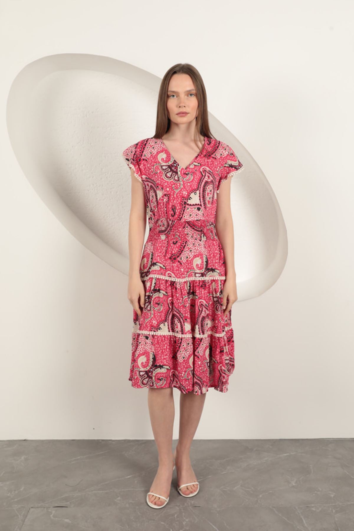 Viskon Etnik Desenli Elbise-Fuşya