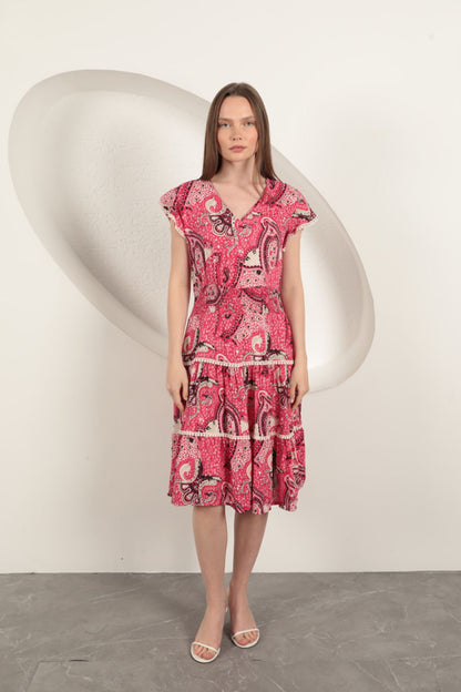 Viskon Etnik Desenli Elbise-Fuşya